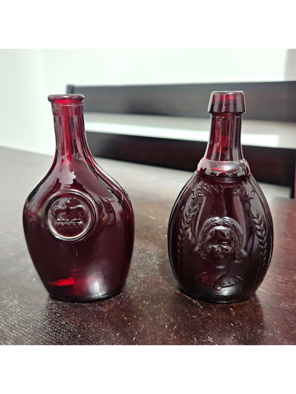 Lot of 2 Red Glass Miniature Bottles, Embossed Design, Approx 4 in Tall